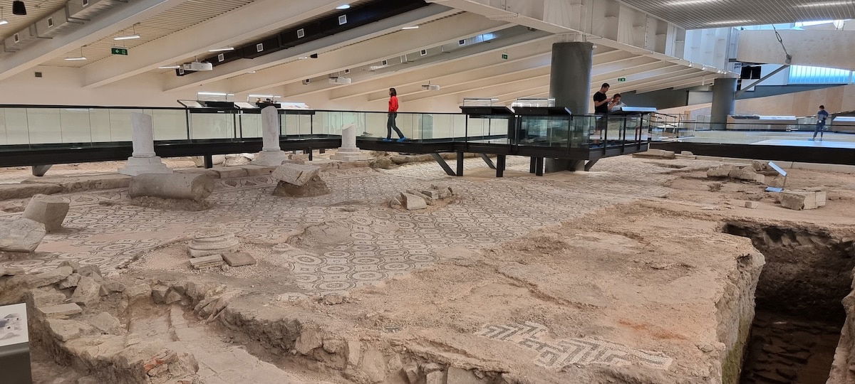 This museum floor in Plovdiv Bulgaria is covered with a variety of mosaics.